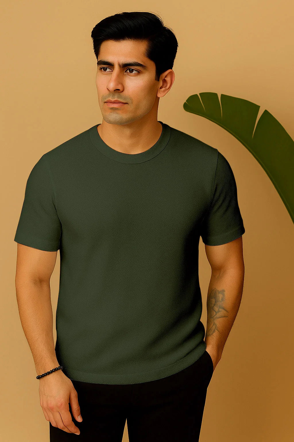 Round Neck Knitted Textured T Shirt Green
