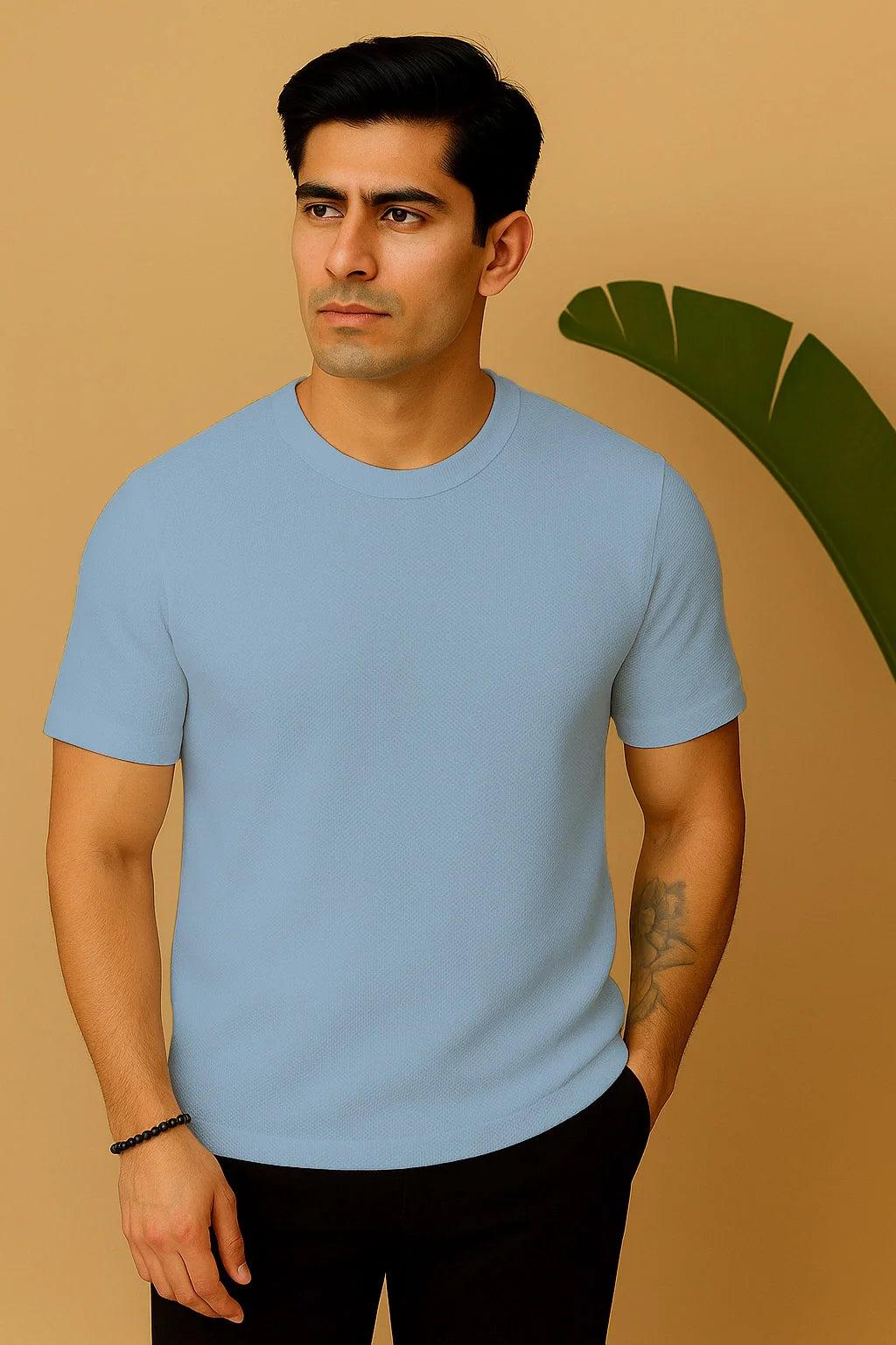 Round Neck Knitted Textured T Shirt Sky Blue