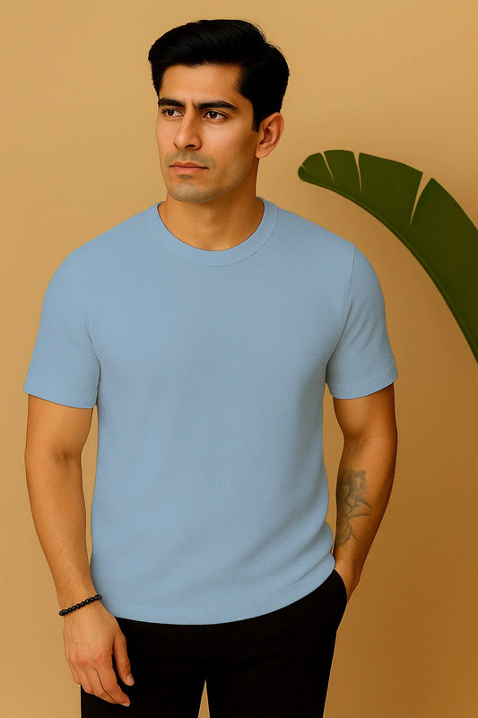 Round Neck Knitted Textured T Shirt Sky Blue